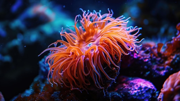 A bright orange sea anemone pulses with an intense neon glow attracting ping fish with its