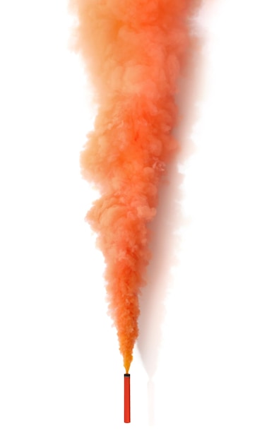 Ярко-оранжевая дымовая шашка на белом фоне