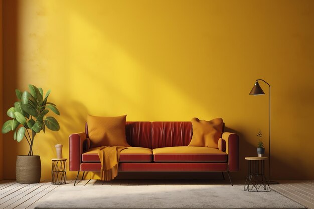 A bright orange sofa in a living room with a plant on the wall.