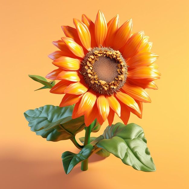 A bright orange sunflower with a green leaf on it.