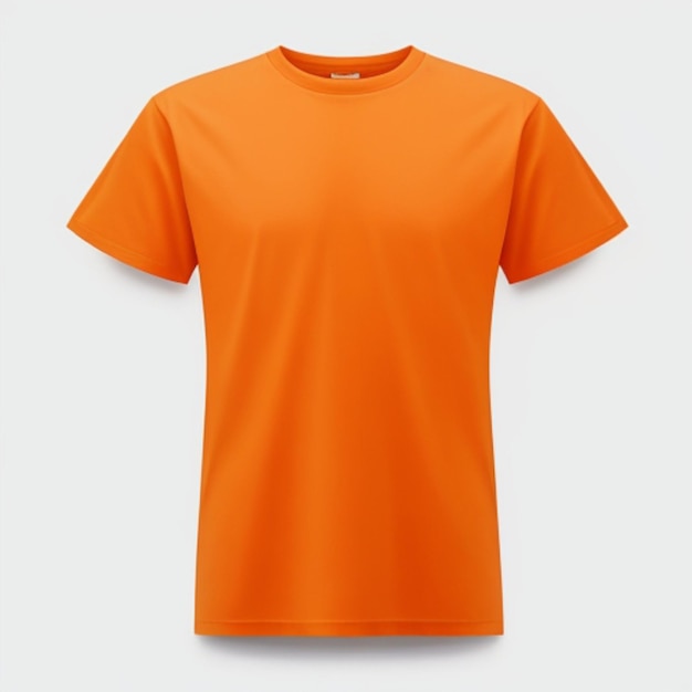 A bright orange tshirt placed on a plain white backdrop