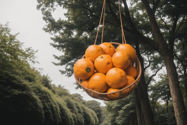 Photo bright oranges hanging heavily on a tree