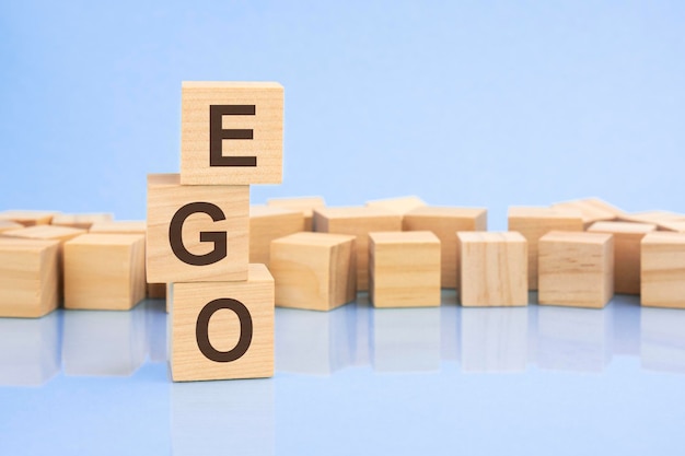 On a bright pale lilac and blue background light wooden blocks and cubes with the text EGO cubes is reflected from the surface