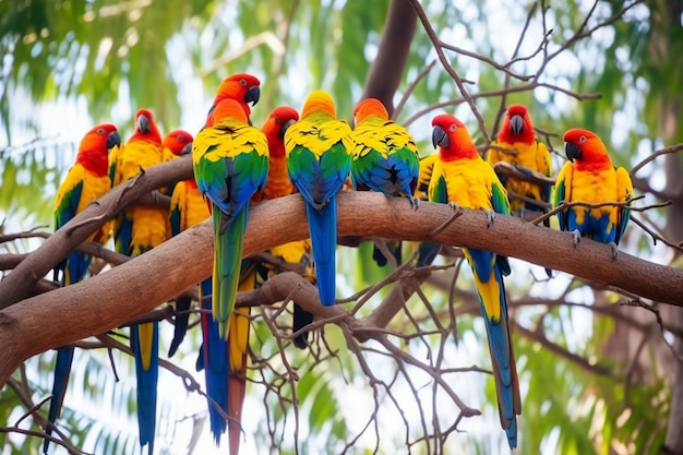 Bright Parrots Huddled on Tree Branches