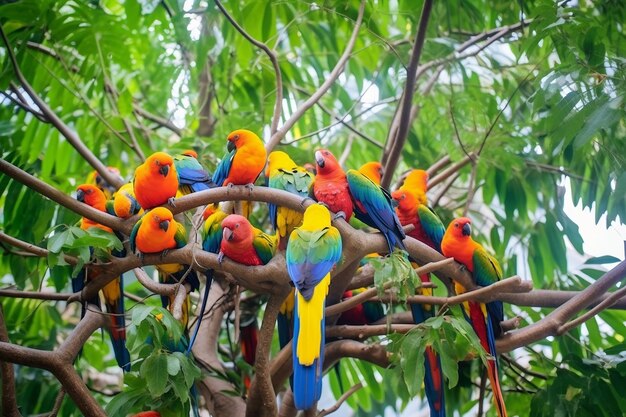 Bright Parrots Huddled on Tree Branches