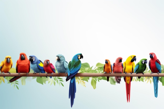 Bright parrots on a white background minimalistic copy space banner AI generated