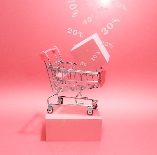 Bright pedestal of shopping cart on a pink surface with percent signs