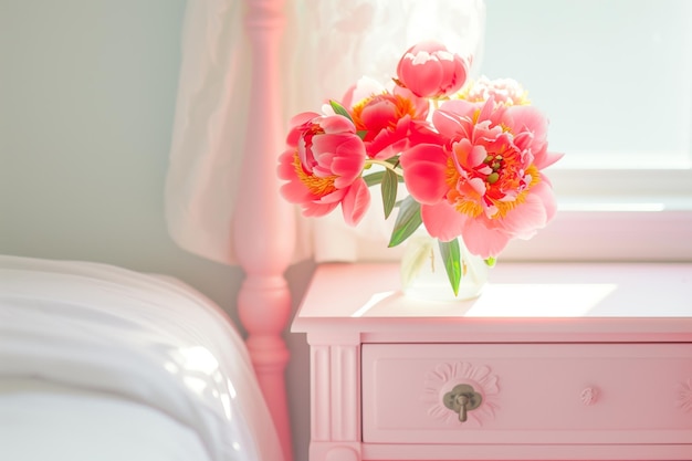 Bright peonies on a pastel pink nightstand morning light