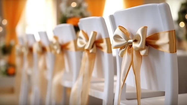Яркая фотография белых деревянных стульев, украшенных цветами и яркими атласными лентами, свадебная декорация на церемонии