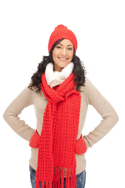 bright picture of beautiful woman in hat, muffler and mittens