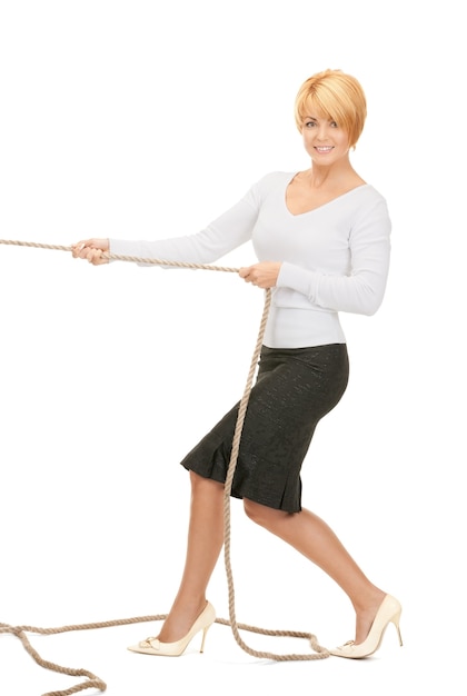 bright picture of business woman pulling rope