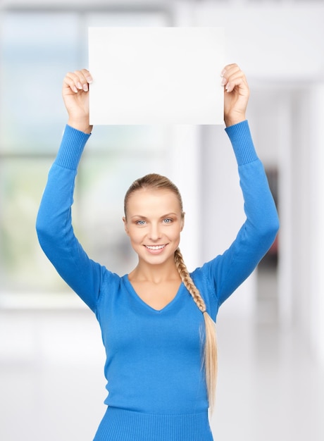 bright picture of confident woman with blank board