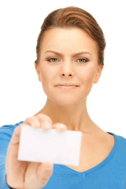 bright picture of confident woman with business card