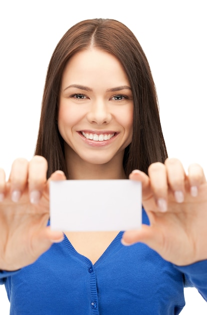 bright picture of confident woman with business card