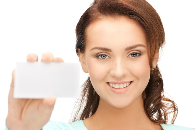 bright picture of confident woman with business card