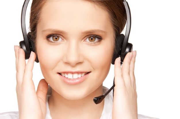 bright picture of friendly female helpline operator.