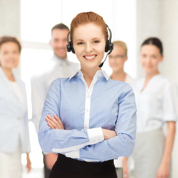 bright picture of friendly female helpline operator