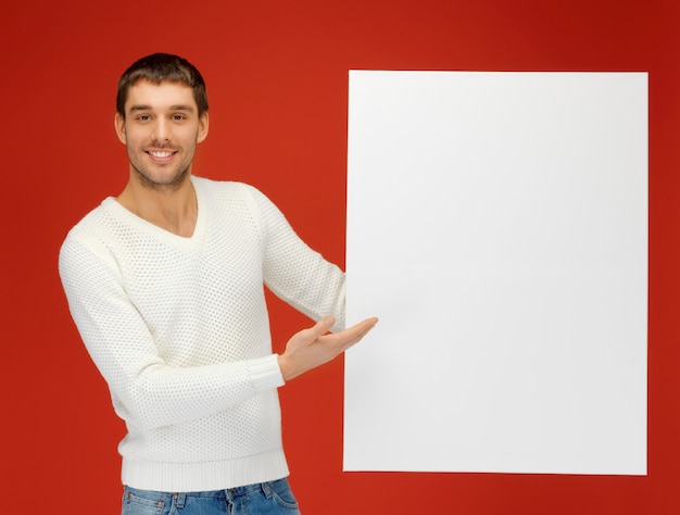 bright picture of handsome man with big blank board.