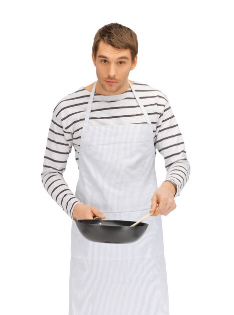 bright picture of handsome man with pan and spoon