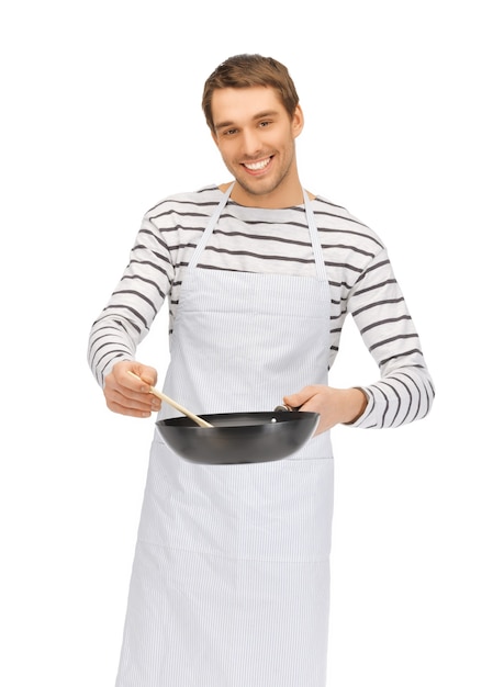 яркая картина красивого мужчины со сковородой и ложкой
