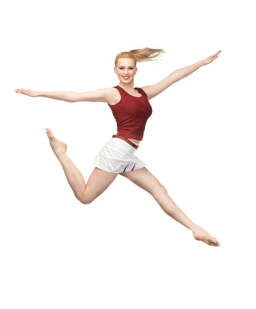 яркая картина счастливой прыгающей спортивной девушки