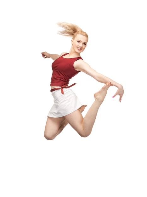 행복 점프 스포티 한 소녀의 밝은 그림