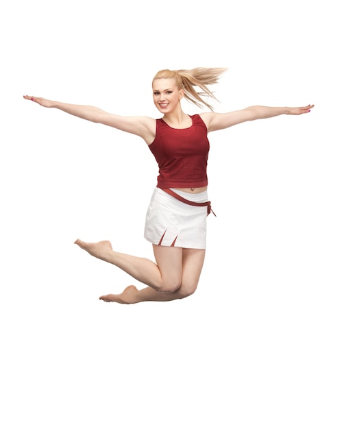 bright picture of happy jumping sporty girl