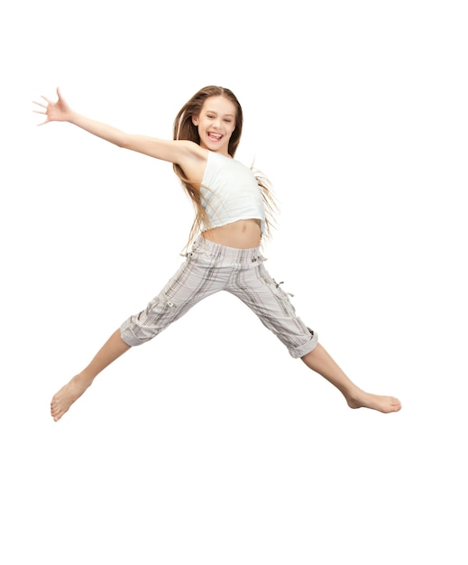 bright picture of happy jumping teenage girl