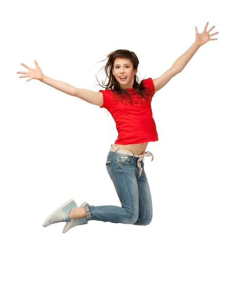 Photo bright picture of happy jumping teenage girl