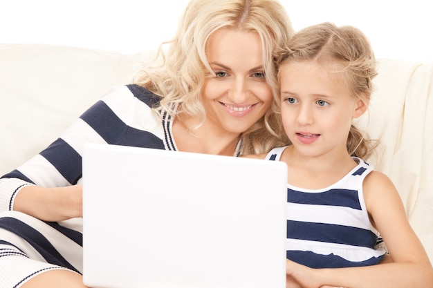 bright picture of happy mother and child with laptop computer