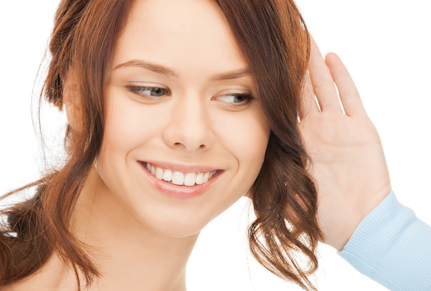 bright picture of happy woman listening gossip