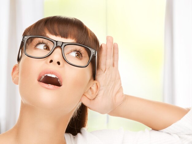 bright picture of happy woman listening gossip