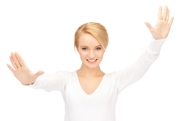 bright picture of happy woman showing her palms