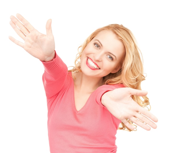 bright picture of happy woman showing her palms