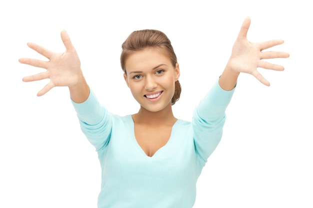 bright picture of happy woman showing her palms