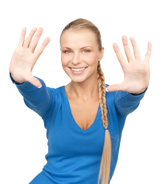 bright picture of happy woman showing her palms.