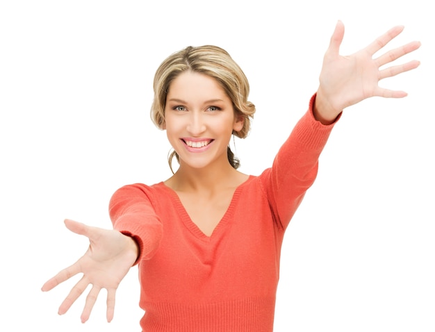 bright picture of happy woman showing her palms