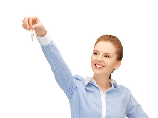 Photo bright picture of happy woman with keys