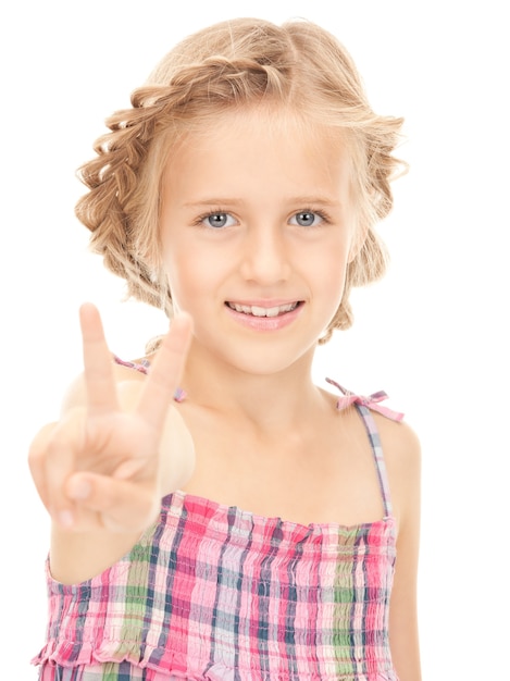 Photo bright picture of lovely girl showing victory sign