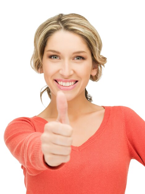 Bright picture of lovely teenage girl with thumbs up