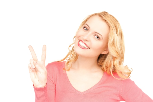 bright picture of lovely woman showing victory sign