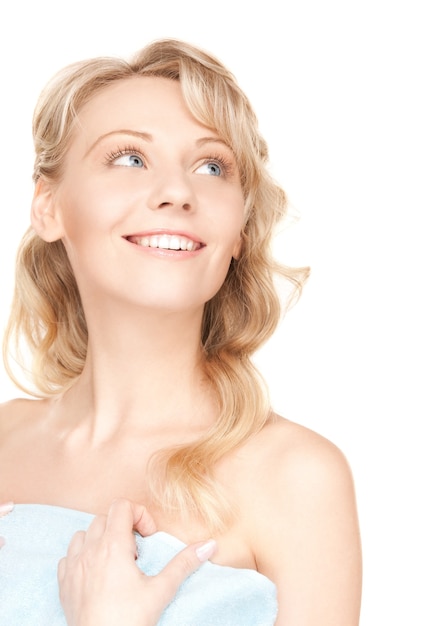 Photo bright picture of lovely woman in towel over white