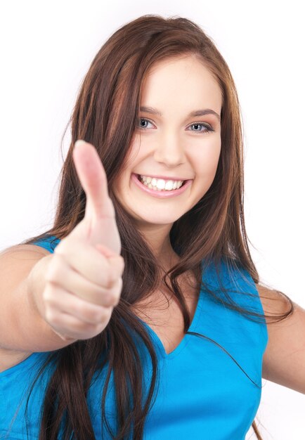 bright picture of lovely woman with thumbs up