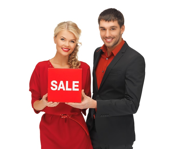 판매 표시가 있는 남자와 여자의 밝은 그림