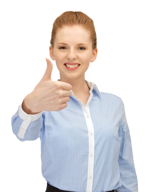 Фото Яркое изображение молодой женщины с большими пальцами руки вверх