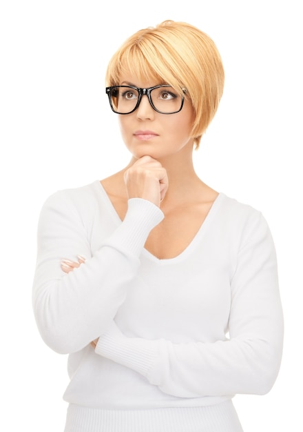 bright picture of pensive businesswoman over white