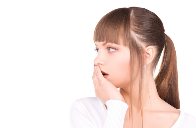 bright picture of shocked woman over white