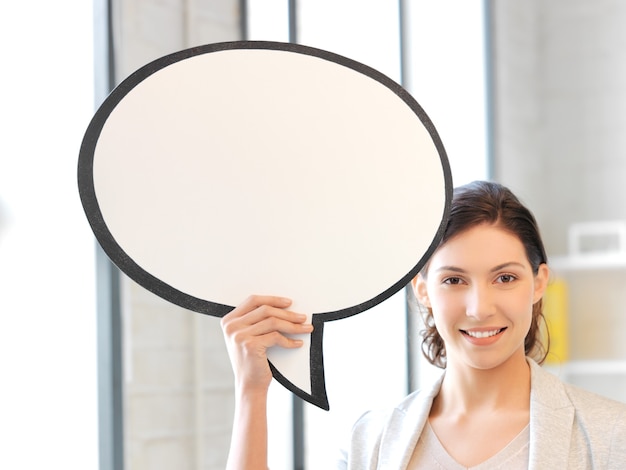 bright picture of smiling businesswoman with blank text bubble