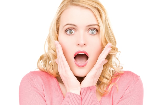 bright picture of surprised woman face over white