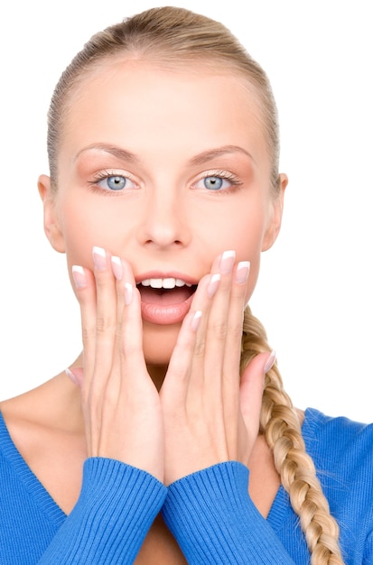 bright picture of surprised woman face over white